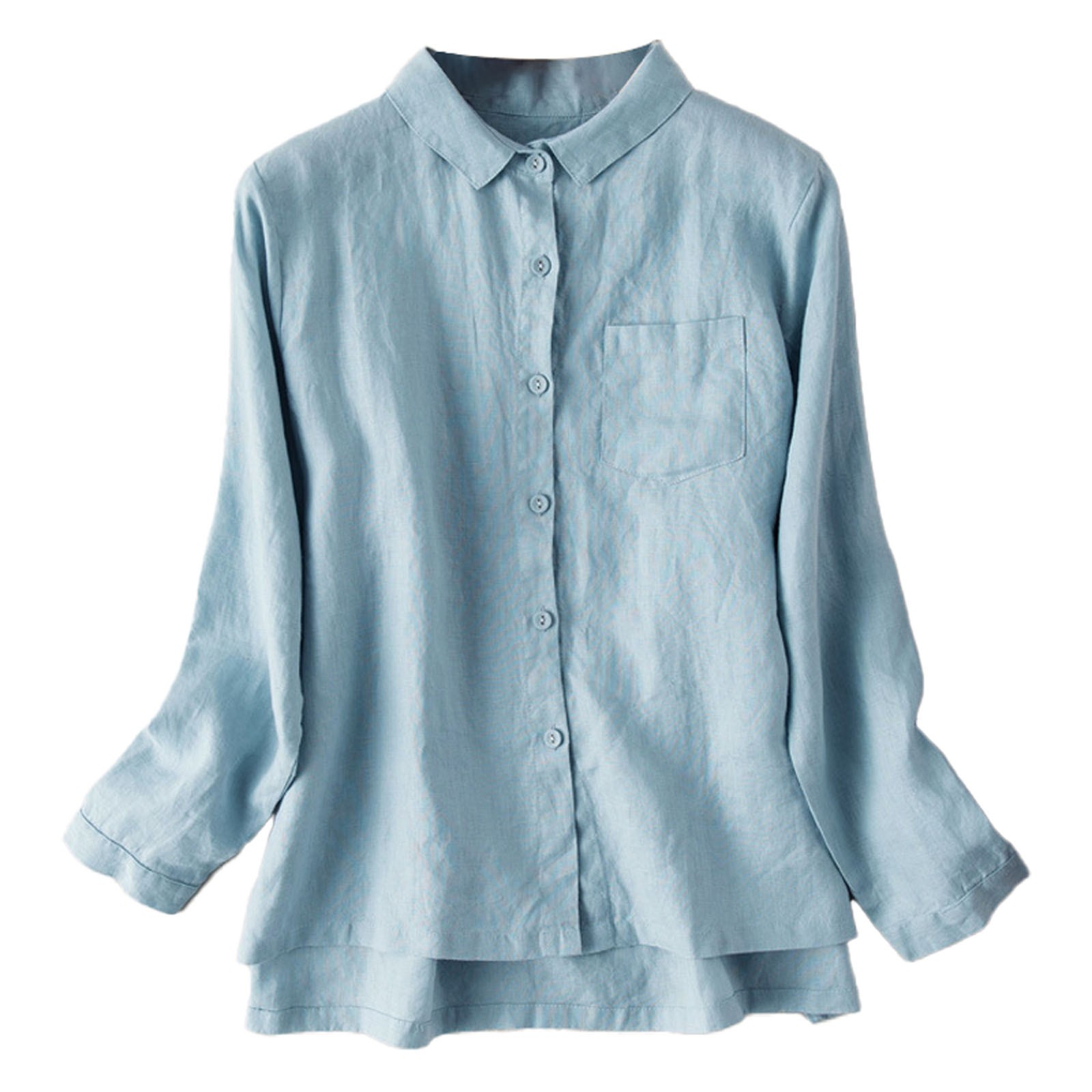 Camisa holgada de lino fino para mujer - Diseño vintage con solapa - Manga larga - Tallas M-XXL